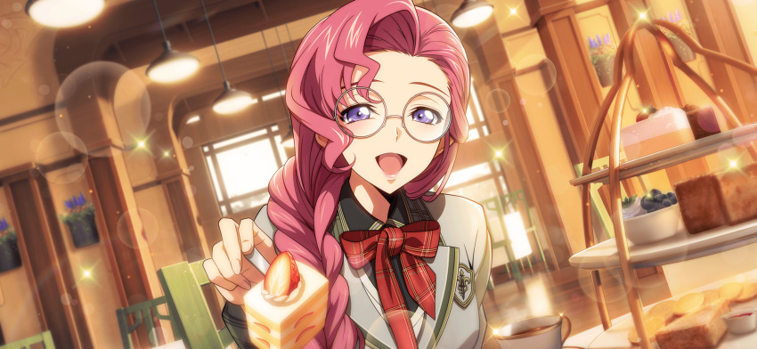 1girl arm_at_side artist_request blue_eyes blueberry blurry blurry_background bokeh bow bowtie braid breasts cafe cake cake_slice code_geass code_geass:_lost_stories cream cup depth_of_field dutch_angle euphemia_li_britannia female_focus food forehead fork fruit game_cg glasses grey_jacket hair_over_shoulder half-closed_eyes hand_up happy highres holding holding_food holding_fork incoming_food indoors jacket long_hair long_sleeves looking_at_viewer non-web_source official_art open_mouth pink_hair plaid_bow plaid_bowtie plaid_clothes red_bow red_bowtie round_eyewear school_uniform sidelocks single_braid small_breasts smile solo sparkle strawberry strawberry_shortcake tea teacup tiered_tray upper_body white-framed_eyewear