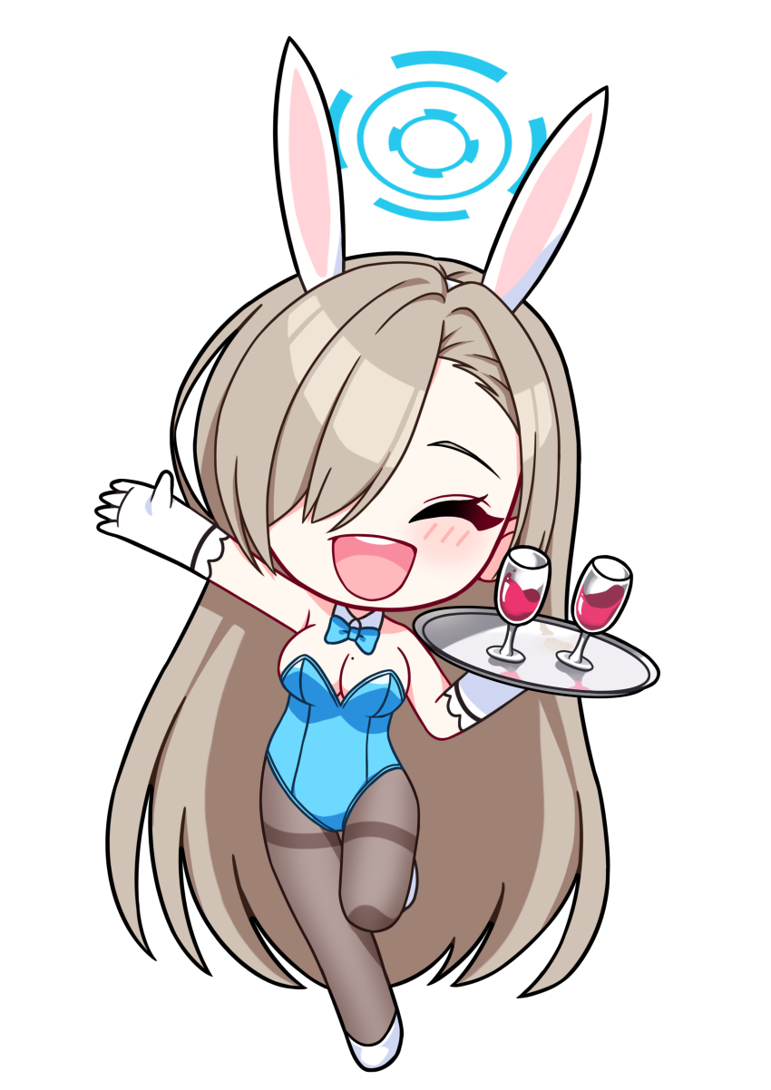 1girl :d ^_^ absurdres alcohol alfie_(tmdals7645) animal_ear_hairband animal_ears aqua_bow aqua_bowtie aqua_halo aqua_leotard asuna_(blue_archive) asuna_(bunny)_(blue_archive) asymmetrical_bangs blue_archive bow bowtie breasts brown_hair brown_pantyhose champagne_flute chibi chibi_only closed_eyes cup detached_collar drinking_glass elbow_gloves fake_animal_ears frilled_gloves frills gloves hair_over_one_eye hairband halo hashtag-only_commentary highres holding holding_plate leotard light_blush long_hair mole mole_on_breast official_alternate_costume open_mouth outstretched_arm pantyhose plate playboy_bunny rabbit_ears red_wine shoes smile solo standing standing_on_one_leg strapless strapless_leotard teeth upper_teeth_only very_long_hair white_gloves white_hairband white_shoes wine