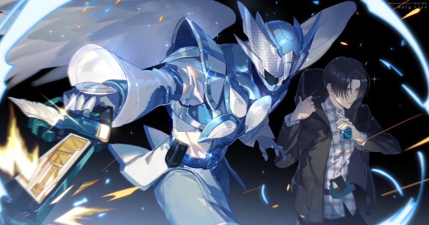 1boy angel_wings armor arms_at_sides belt black_pants blue_background blue_bodysuit blue_headwear bodysuit brown_eyes commentary doran_(doran7280) dual_persona feathered_wings feathers flying glowing helmet henshin highres holy_live igarashi_daiji kamen_rider kamen_rider_live kamen_rider_revice livegun male_focus pants shirt shoulder_armor simple_background sketch solo spoilers standing transformation two_sidriver white_feathers white_shirt white_wings wing_genome wings