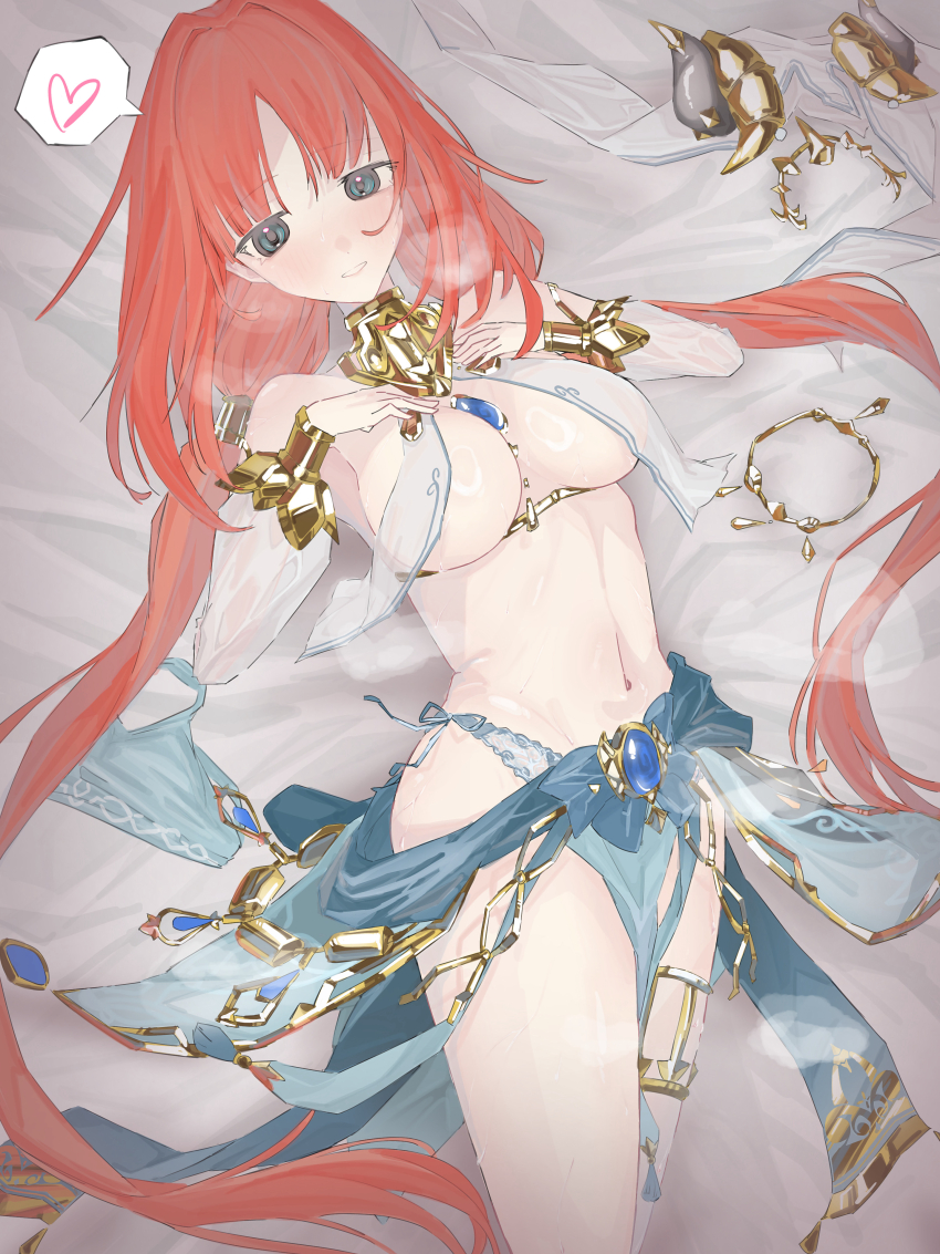 1girl absurdres aqua_eyes blue_brooch blue_skirt breasts commentary_request detached_sleeves e6imay0 genshin_impact hands_on_own_chest harem_outfit heart highres jewelry large_breasts long_hair looking_at_viewer low_twintails lying navel nilou_(genshin_impact) no_headwear on_back partial_commentary pelvic_curtain red_hair skirt solo spoken_heart stomach thighlet twintails underboob unworn_veil very_long_hair white_sleeves