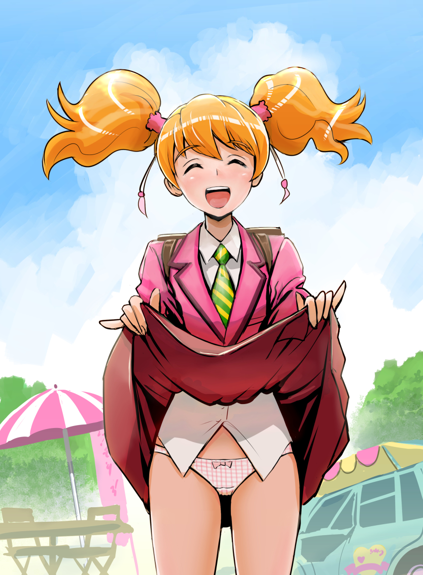 00s 1girl ^_^ absurdres bad_id bad_pixiv_id blonde_hair blush bow bow_panties closed_eyes clothes_lift day facing_viewer female_focus fresh_precure! highres jacket lifting_own_clothes misogram momozono_love necktie open_mouth orange_hair outdoors panties pink_jacket pink_skirt pinky_out plaid_clothes plaid_panties precure school_uniform shirt short_hair skirt skirt_lift solo striped_necktie striped_neckwear twintails underwear white_shirt