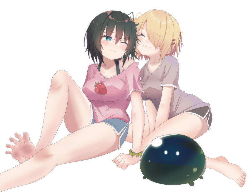 2girls absurdres aoi_erika aqua_eyes bare_legs barefoot black_hair blonde_hair breasts framed_breasts hair_ornament hair_over_one_eye happy heaven_burns_red highres kayamori_ruka large_breasts multiple_girls narvy_(heaven_burns_red) short_hair shorts soles spread_toes toes toxic_pter yuri