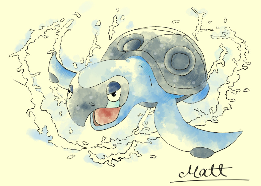 animal_focus gen_5_pokemon half-closed_eyes nintendo no_humans nostrils open_mouth painting_(medium) pokematya pokemon pokemon_(creature) signature simple_background solo tirtouga traditional_media turtle_shell water watercolor_(medium)