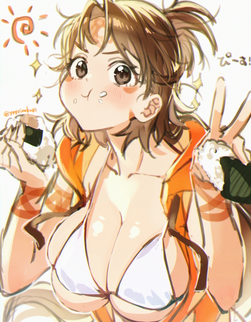 1girl absurdres bad_id bad_twitter_id bare_shoulders beads bikini bikini_top_only breasts brown_eyes brown_hair cleavage collarbone commentary_request contemporary denim denim_shorts drawstring eating facial_mark fate/grand_order fate_(series) food food_on_face forehead forehead_mark heroic_spirit_tour_outfit highres himiko_(fate) himiko_(tour_outfit)_(fate) hood hooded_vest hoodie large_breasts long_hair looking_at_viewer onigiri orange_vest puffy_cheeks rice rice_on_face shorts skindentation smile solo sparkle swimsuit topknot twintails v vest white_bikini yayoi_maka zipper