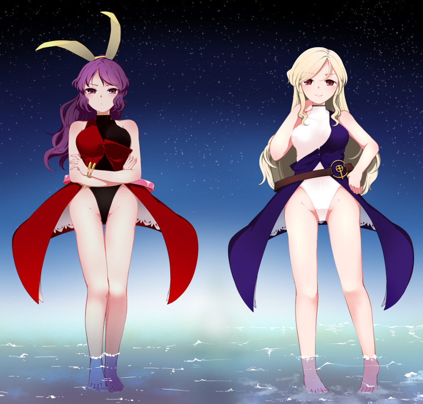 2girls absurdres arm_up bangle bare_shoulders barefoot belt black_leotard blonde_hair blue_coat blush bracelet breasts brown_belt buckle buttons closed_mouth coat collarbone commentary_request crossed_arms expressionless groin hair_ribbon hand_in_own_hair highleg highleg_leotard highres jewelry kaisenpurin large_breasts leotard light_smile long_hair looking_at_viewer multiple_girls purple_eyes purple_hair red_coat ribbon siblings silent_sinner_in_blue sisters sky sleeveless sleeveless_coat soaking_feet standing star_(sky) starry_sky thighs touhou touhou_bougetsushou wading watatsuki_no_toyohime watatsuki_no_yorihime white_leotard yellow_ribbon