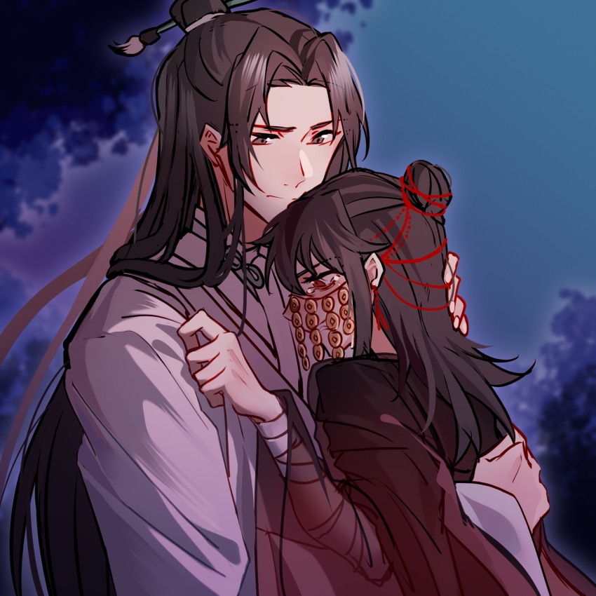 1boy 1girl artist_request bandaged_arm bandages black_eyes black_hair black_hanfu blurry blurry_background chinese_clothes chinese_commentary closed_mouth coin commission crying crying_with_eyes_open dao_gui_yi_xian genderswap genderswap_(mtf) hair_bun hair_ornament hair_ribbon hair_stick half_updo hanfu hetero highres holed_coin hug li_huowang long_hair long_sleeves looking_down mask mouth_veil night night_sky outdoors paintbrush_hair_ornament profile red_eyes ribbon robe sad second-party_source see-through_clothes sidelocks single_hair_bun sky tears tree upper_body veil very_long_hair white_hanfu wide_sleeves zhuge_yuan