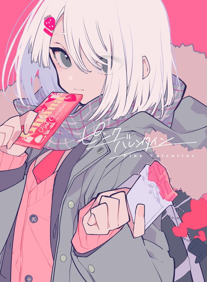 1girl absurdres chocolate eyes_visible_through_hair female_focus fingernails food food-themed_hair_ornament fur-trimmed_jacket fur_trim green_jacket grey_eyes hair_ornament heart highres holding holding_chocolate holding_food jacket lotte_(company) medium_hair mochizuki_kei nail_polish pink_background pink_nails pink_valentine red_neckwear scarf simple_background solo strawberry_hair_ornament white_hair