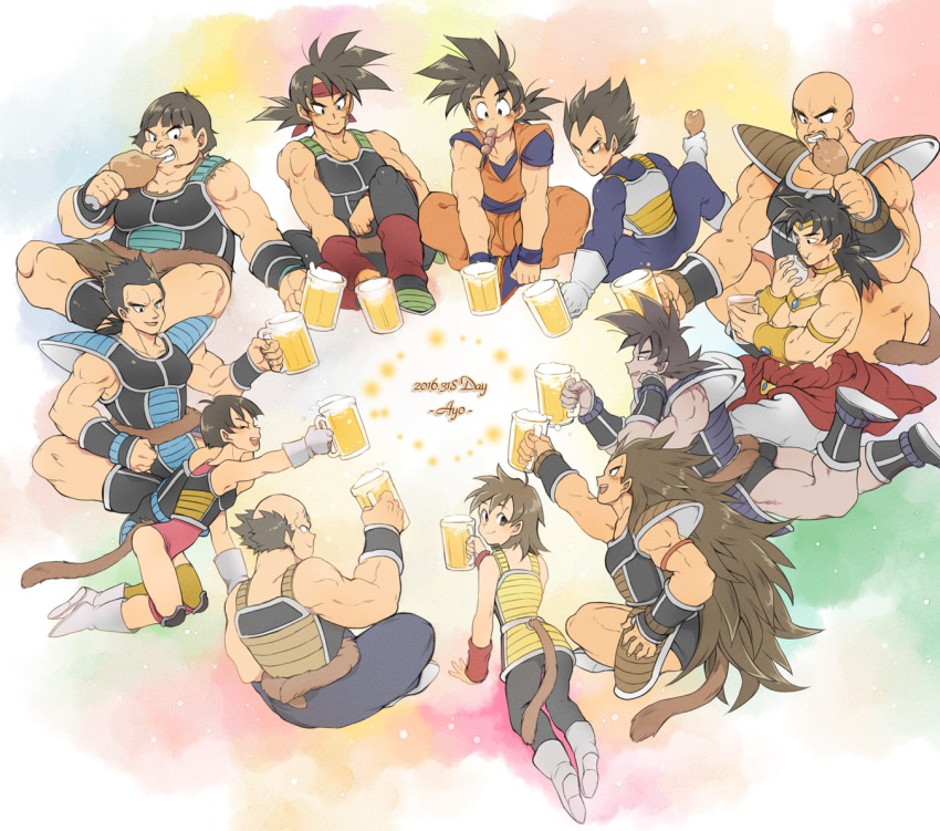 2girls 6+boys alcohol alien alternate_universe armband armor bad_id bad_pixiv_id bald bardock beer beer_mug black_eyes black_hair boots broly_(dragon_ball_z) brothers brown_hair clenched_hand closed_eyes cup dated dougi dragon_ball dragon_ball_z:_the_tree_of_might dragonball_z drinking_glass eating facial_hair facial_scar father_and_son food food_in_mouth gine gloves hano_(hanos91) head_rest indian_style jewelry knee_pads kneeling leotard long_hair looking_at_viewer looking_back lying meat monkey_tail mother_and_son mouth_hold mug multiple_boys multiple_girls muscular mustache nappa neck_ring on_stomach open_mouth panbukin_(dragon_ball) raditz scar scar_on_cheek scar_on_face seripa short_hair siblings sitting smile son_goku spiked_hair tail toasting_(gesture) toma_(dragon_ball) toteppo tullece vegeta very_long_hair white_footwear white_gloves widow&#039;s_peak wrist_cuffs wristband