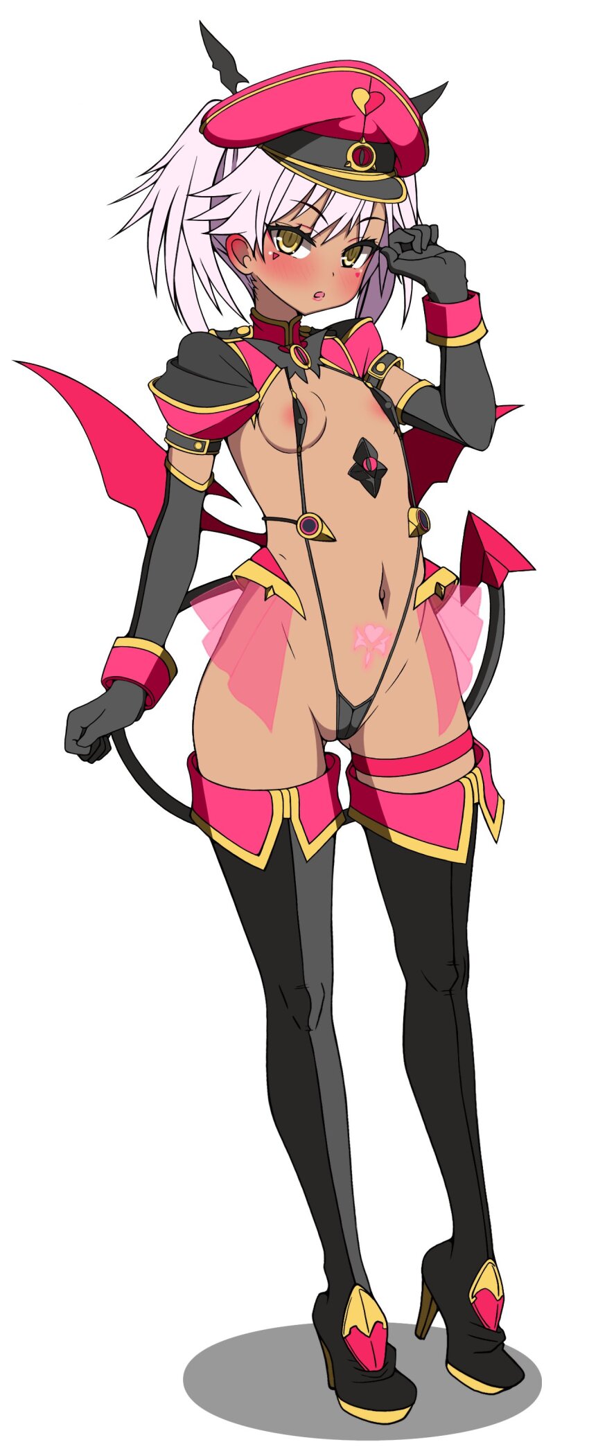 1girl absurdres black_gloves blush boots breasts corruption covered_erect_nipples dark-skinned_female dark_persona dark_skin demon_girl demon_tail demon_wings elbow_gloves frozen_gingasan full_body gloves gunslinger_stratos hat high_heels highres looking_at_viewer navel open_mouth pink_hair pubic_tattoo revealing_clothes shinou_matsurika simple_background slave_gear slingshot_swimsuit small_breasts solo stomach_tattoo swimsuit tail tattoo thigh_boots thigh_strap thighhighs ts_magical_girl_nao twintails variant_set white_background wings yellow_eyes