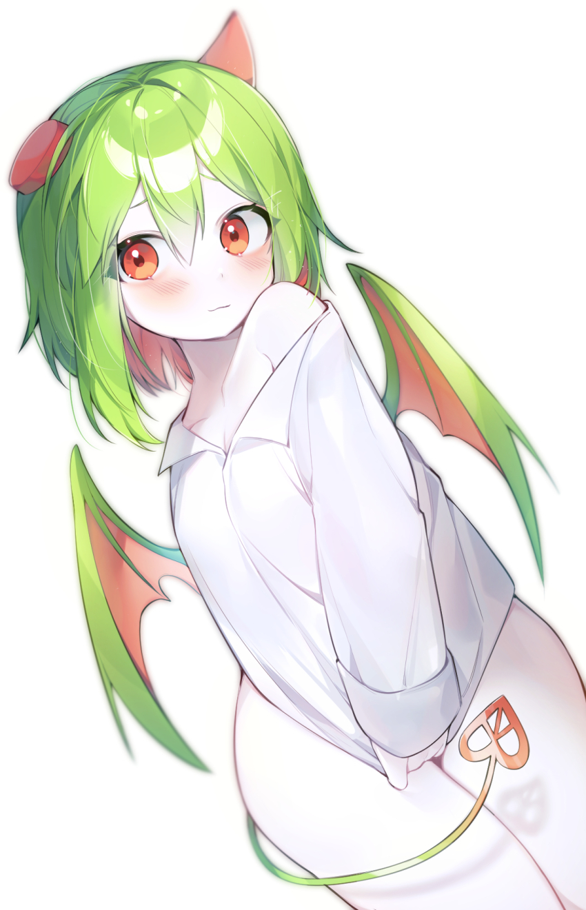 1girl blush bottomless colored_skin commission demon_horns demon_tail demon_wings funamusea green_hair haiiro_teien highres horns naked_shirt no_eyewear red_eyes sen_light shiny_eyes shirt short_hair simple_background solo tail thighs white_background white_shirt white_skin wings yosafire_(funamusea)