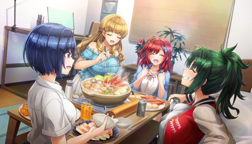 4girls alcohol ayato_utae bedroom beer blonde_hair blue_eyes blue_hair blue_shirt blush bowl breasts clenched_teeth cooking_pot dolphin_wave drill_hair drill_sidelocks enoki_mushroom food game_cg green_hair green_scrunchie hair_ornament hair_scrunchie harunami_anri highres hotpot jacket large_breasts letterman_jacket lobster long_hair long_skirt looking_at_another meat medium_hair mole mole_under_eye multiple_girls mushroom nabe non-web_source official_art one_side_up ootomo_takuji open_mouth ponytail portable_stove red_hair sakimiya_iruka scrunchie shiitake shirt short_hair sidelocks skirt smile sukiyaki table teeth tofu tojou_michiru vegetable white_shirt white_skirt