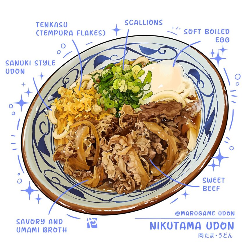 artist_logo beef bowl commentary egg english_commentary food food_focus food_name logo meat no_humans noodles original simple_background softboiled_egg spring_onion still_life studiolg tempura twitter_username udon white_background
