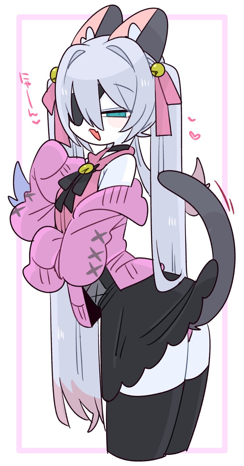1boy animal_ear_fluff animal_ears arched_back bare_shoulders bell black_choker black_corset black_skirt black_thighhighs blue_eyes blue_hair bow cardigan cat_boy cat_ears cat_tail choker collared_shirt colored_tips commentary corset cowboy_shot crossdressing crossdressing_(mtf) double-parted_bangs eyepatch fang flipped_hair frilled_shirt_collar frills from_side furrification furry furry_male grey_tail hair_bell hair_between_eyes hair_bow hair_intakes hair_ornament hand_on_own_chest hand_up heart highres jingle_bell jirai_kei light_blush long_hair long_sleeves looking_at_viewer male_focus miniskirt multicolored_hair narrowed_eyes no_nose off_shoulder one_eye_covered op_na_yarou open_cardigan open_clothes open_mouth original panties panty_peek pink_bow pink_cardigan pink_panties pink_shirt quad_tails red_hair rigel_(op_na_yarou) shirt sidelocks simple_background skin_fang skirt sleeveless sleeveless_shirt sleeves_past_fingers sleeves_past_wrists solo standing straight_hair tail tail_raised thighhighs thighs translated trap underwear very_long_hair watermark white_background white_hair