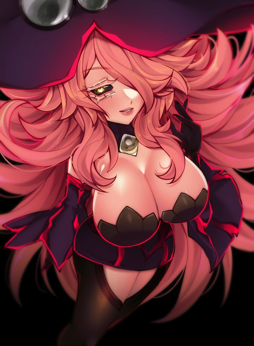 1girl 2025 absurdres arms_at_sides black_background black_sclera blazblue breasts cape cleavage colored_sclera commentary detached_sleeves dress english_commentary female_focus from_above full_body gloves hair_over_one_eye hat high_heels highres konoe_a._mercury large_breasts long_hair long_sleeves looking_at_viewer mature_female one_eye_covered orange_eyes pink_hair pink_lips purple_dress purple_gloves purple_hat purple_thighhighs red_cape short_dress simple_background sitraell sleeveless sleeveless_dress solo standing thighhighs very_long_hair wavy_hair wide_sleeves witch witch_hat