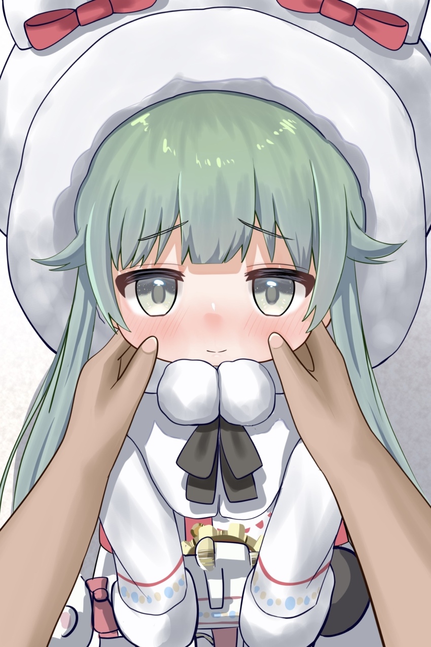 1girl 1other animal_ears aoraine bear_ears black_ribbon blue_archive blush bow coat coat_dress commentary_request dress fur-trimmed_coat fur_trim green_eyes green_hair hair_flaps hands_on_another&#039;s_cheeks hands_on_another&#039;s_face hat hat_bow highres holding holding_weapon hood hooded_coat momiji_(blue_archive) neck_ribbon pom_pom_(clothes) red_bow ribbon rocket_launcher rpg rpg-7 rpg_(weapon) solo_focus twintails weapon