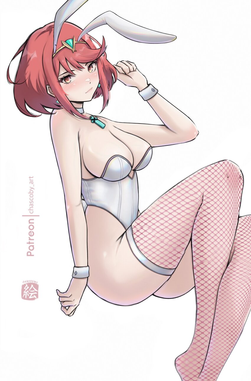 1girl absurdres ahoge alternate_costume animal_ears armpit_crease artist_logo artist_name bare_shoulders blush breasts chascoby choker closed_mouth core_crystal_(xenoblade) fake_animal_ears feet_out_of_frame fishnet_thighhighs fishnets grey_background highres invisible_chair knees_up large_breasts legs leotard logo looking_at_viewer medium_hair no_shoes patreon_username pink_eyes pink_thighhighs pyra_(xenoblade) rabbit_ears red_hair sidelocks simple_background sitting skindentation solo strapless strapless_leotard swept_bangs thighhighs tiara white_choker white_leotard white_wrist_cuffs wrist_cuffs xenoblade_chronicles_(series) xenoblade_chronicles_2