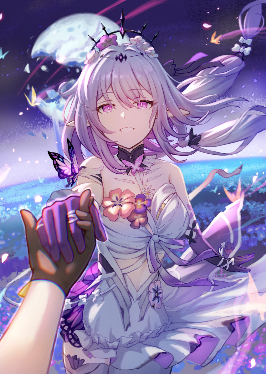 2girls absurdres bare_shoulders black_gloves breasts castorice_(honkai:_star_rail) commentary_request dress food full_moon gloves highres holding holding_food honkai:_star_rail honkai_(series) isome long_hair medium_breasts moon multiple_girls night night_sky pointy_ears pov pov_hands purple_eyes purple_gloves sky smile stelle_(honkai:_star_rail) trailblazer_(honkai:_star_rail) white_dress