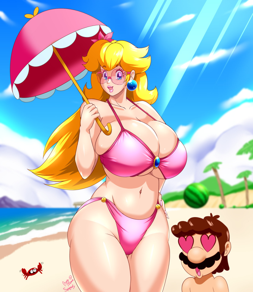 1boy 1girl :d :o artist_collaboration artist_name bare_arms bare_shoulders beach belly bexymoma big_nose bikini blonde_hair blue_eyes blue_gemstone blurry blurry_background breasts brooch brown_hair bursting_breasts cleavage cloud collarbone crab earrings eyelashes facial_hair fingernails floating_hair flower gem hair_flower hair_ornament hand_on_own_hip heart heart-shaped_eyes height_difference highleg highleg_bikini highres holding holding_umbrella huge_breasts jewelry light_rays lips long_hair looking_at_viewer mario mario_(series) mountain mustache nail_polish navel nintendo open_mouth outdoors palm_tree parasol pink-tinted_eyewear pink_bikini pink_flower pink_lips pink_nails pink_umbrella plump princess_peach shiny_skin smile speeds standing sunbeam sunlight super_mario_sunshine swimsuit taut_bikini taut_clothes thick_eyebrows thighs tinted_eyewear tree umbrella water watermark