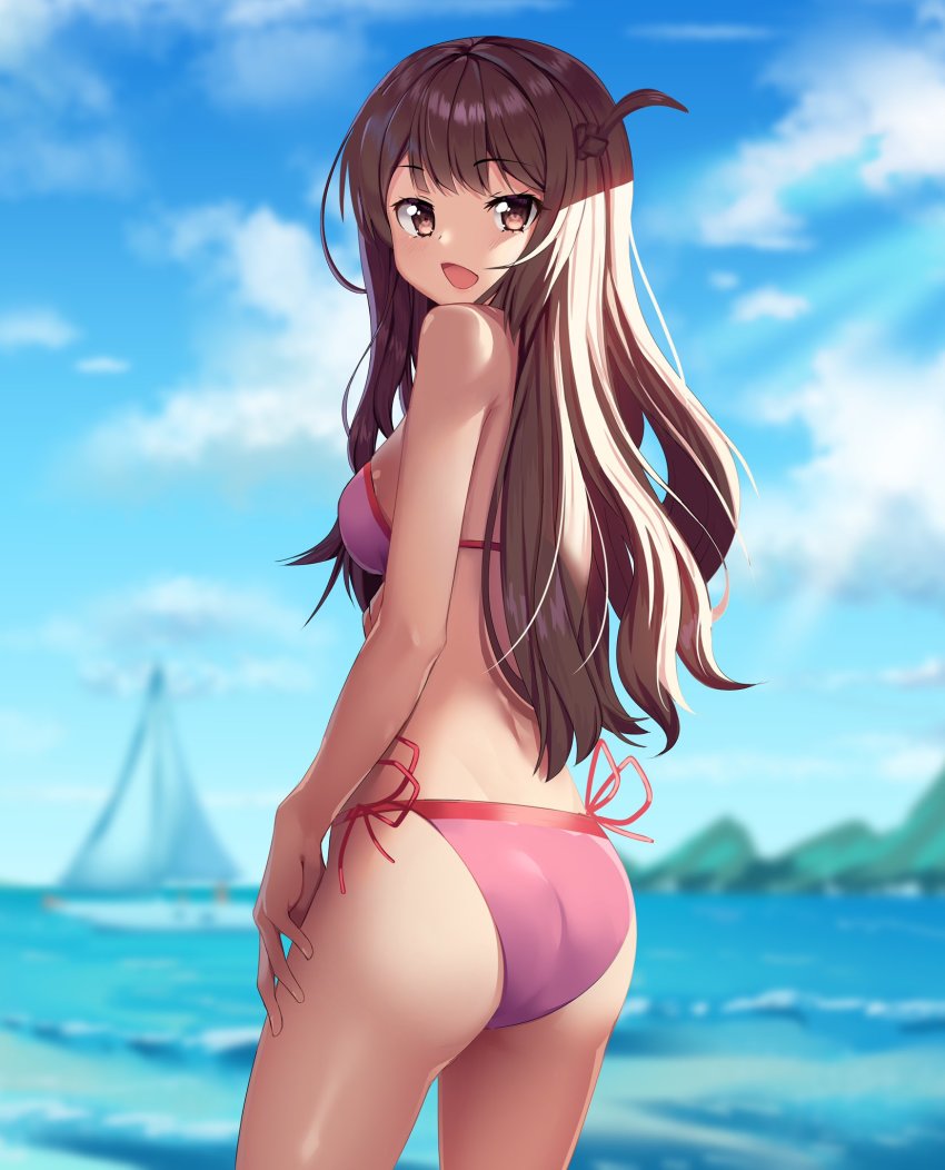 1girl ass beach bikini boat breasts brown_hair commentary dayshiart english_commentary hand_on_own_thigh highres kanojo_okarishimasu long_hair looking_at_viewer looking_back medium_breasts mizuhara_chizuru mountain ocean open_mouth pink_bikini sailboat solo summer sunlight swimsuit watercraft