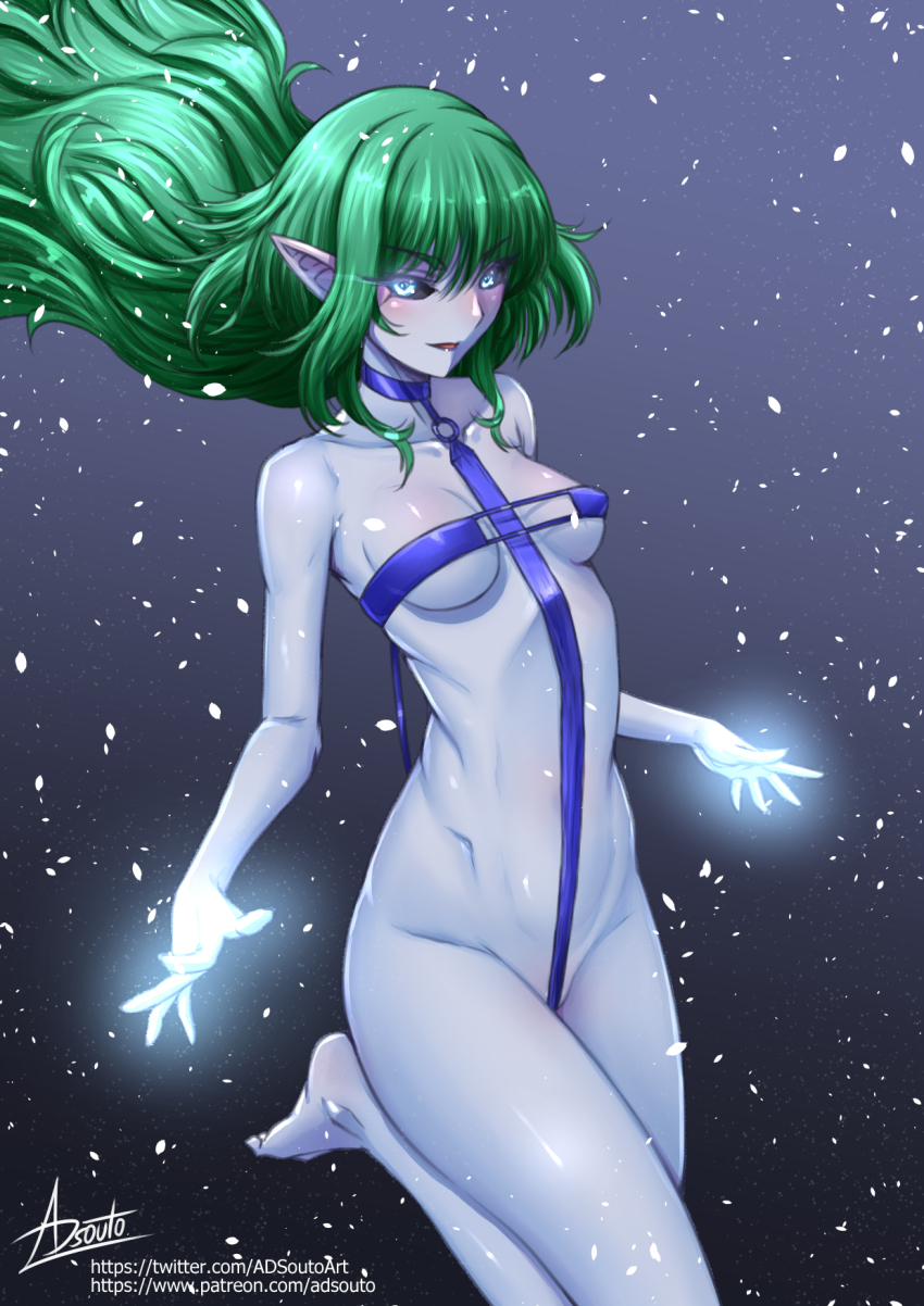1girl adsouto black_sclera blue_eyes blue_skin breasts collarbone colored_sclera colored_skin final_fantasy glowing_hands green_hair highres looking_at_viewer pointy_ears revealing_clothes shiva_(final_fantasy) signature small_breasts solo variant_set
