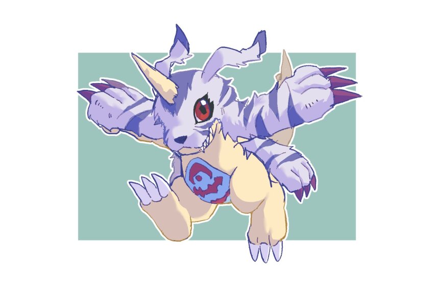 blue_fur digimon digimon_(creature) full_body gabumon green_background highres horns megane_mochi red_eyes sharp_teeth simple_background single_horn solo teeth white_background yellow_scales