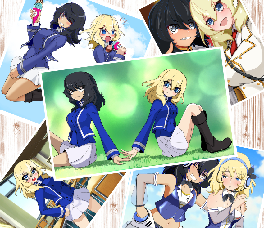 2girls ^^^ absurdres andou_(girls_und_panzer) arm_around_shoulder bc_freedom_military_uniform black_boots black_bow black_bowtie black_eyes black_hair blonde_hair blue_eyes blue_hairband blue_jacket blue_shirt blue_sky blue_vest blurry blurry_background blush boots bow bowtie chair classroom closed_mouth cloud cloudy_sky commentary_request dark-skinned_female dark_skin day depth_of_field desk detached_collar detached_sleeves dress_shirt frown girls_und_panzer girls_und_panzer_senshadou_daisakusen! grass grin hairband half-closed_eyes hand_on_another&#039;s_shoulder hand_on_own_hip headphones high_collar highres holding holding_ice_cream_cone ice_cream_cone imminent_hand_holding indoors jacket jumping knee_boots legs_up long_sleeves looking_at_another looking_at_viewer medium_hair messy_hair midriff military_uniform miniskirt multiple_girls navel necktie official_alternate_costume one_eye_closed open_mouth oshida_(girls_und_panzer) outdoors photo_(object) pleated_skirt red_necktie school_chair school_desk see-through_clothes see-through_sleeves shadow shibainutank shirt side-by-side sitting skirt sky smile standing strapless strapless_shirt vest white_jacket white_shirt white_skirt wing_collar yuri