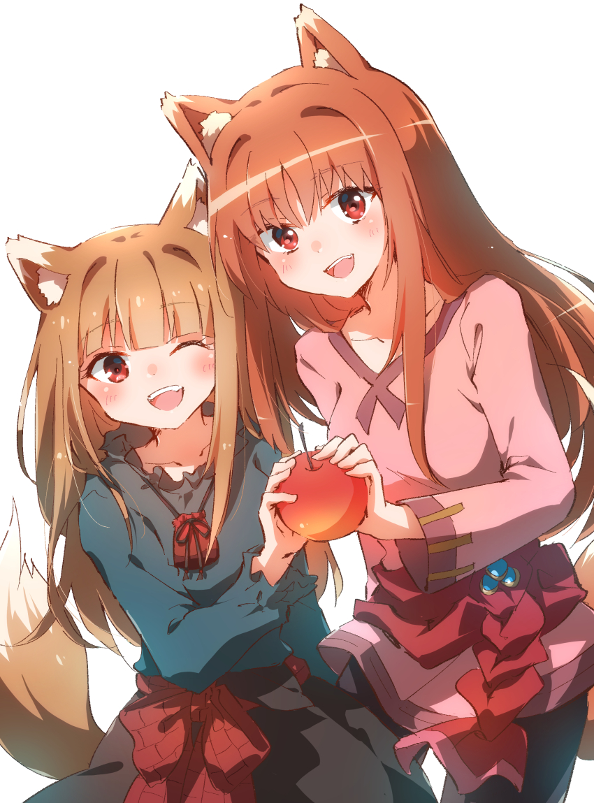2girls :d ;d absurdres animal_ears apple black_pants black_skirt blue_shirt blush commentary_request cowboy_shot dual_persona food fox_ears fox_girl fox_tail fruit highres holding holding_food holding_fruit holo long_hair long_sleeves looking_at_viewer multiple_girls nyaa_(nnekoron) one_eye_closed open_mouth orange_hair pants pink_shirt pouch red_eyes red_sash sash shirt sidelocks simple_background skirt smile spice_and_wolf standing tail teeth upper_teeth_only white_background