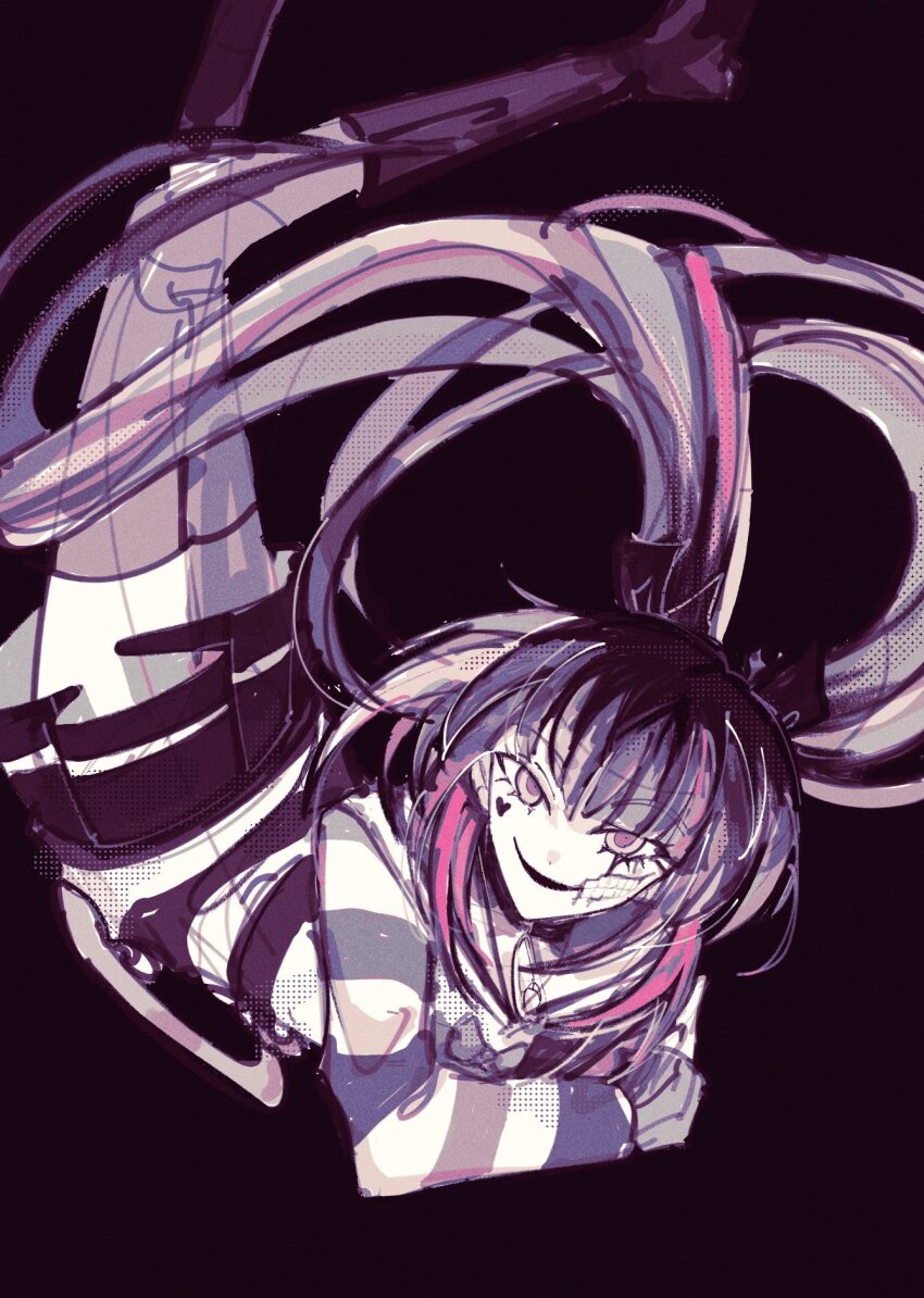 1girl amemiya_darumi black_background black_boots black_bow black_hair black_skirt blue_hair boots bow collar female_focus highres looking_at_viewer multicolored_hair pink_eyes pink_thighhighs pleated_skirt safety_pin shirt skirt solo striped_clothes striped_shirt takueitaku the_hundred_line_-last_defense_academy- thighhighs twintails