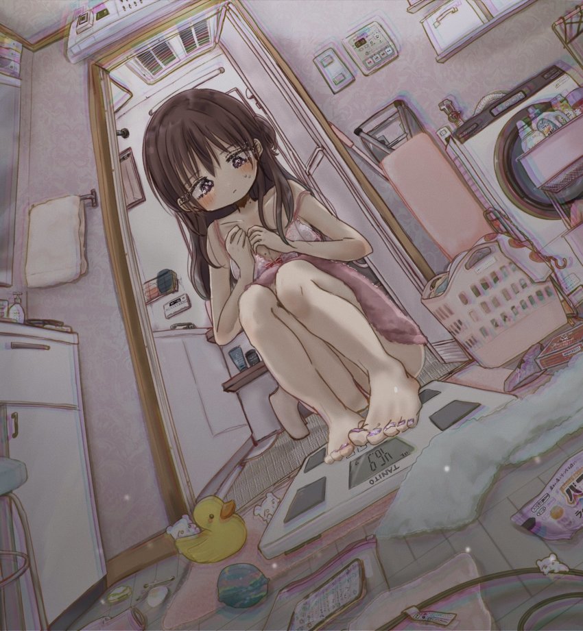 1girl animal ball barefoot bathroom brown_hair dress highres laundry laundry_basket mouse_(animal) nervous original pink_dress rubber_duck shinanashina solo squatting toenails toes towel weighing_scale