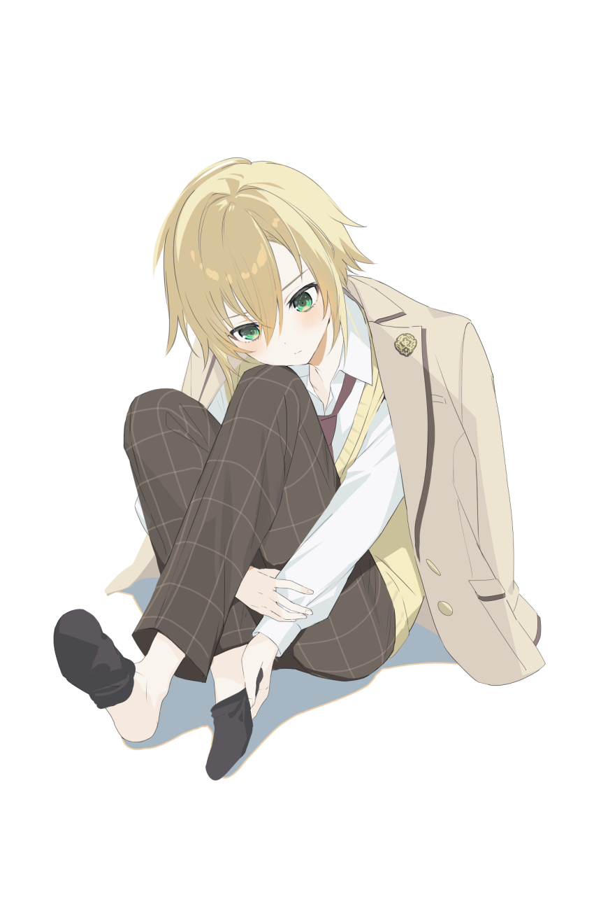 1boy black_socks blazer blonde_hair breast_pocket brown_jacket brown_pants checkered_clothes checkered_pants closed_mouth collared_shirt dressing full_body fuubuu green_eyes hair_between_eyes hair_flaps highres jacket jacket_on_shoulders lapels looking_down male_focus necktie nijisanji no_shoes notched_lapels pants pocket red_necktie school_uniform shirt short_hair simple_background sitting socks solo uzuki_kou uzuki_kou_(3rd_costume) vest virtual_youtuber white_background white_shirt yellow_vest