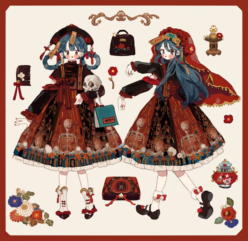 2girls :o aqua_bag arm_cutout bag black_bag black_footwear black_headwear black_shirt black_skirt blue_flower blue_hair blush_stickers boots border bow briefcase chinese_clothes comb commentary commission elbow_carry english_commentary eyeshadow floral_print flower footwear_bow frilled_shirt_collar frilled_skirt frilled_sleeves frills fringe_trim full_body grey_eyes hair_bow hair_rings handbag hat hat_flower hat_tassel headwear_request highres holding holding_skull jiangshi_costume lolita_fashion long_hair long_sleeves looking_at_viewer makeup mary_janes medium_skirt multiple_girls nail_polish ofuda ofuda_on_head original outstretched_arms pansy parted_lips putong_xiao_gou qi_lolita rain red_border red_bow red_eyeshadow red_flower red_lips red_nails red_pansy red_skirt red_veil shirt shoes skeleton_print skirt skull socks straight-on striped_bow suspenders tangzhuang two-tone_skirt veil white_background white_flower white_footwear white_socks zombie_pose