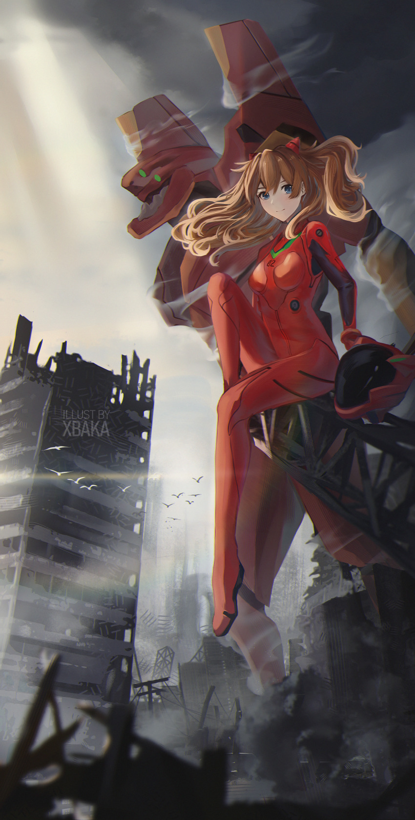 1girl absurdres artist_name bag blue_eyes bodysuit brown_hair city closed_mouth eva_02 floating_hair full_body hair_between_eyes headgear helmet highres long_hair looking_at_viewer mecha_pilot_suit neon_genesis_evangelion plugsuit_(evangelion) red_bodysuit ruins sitting smile solo souryuu_asuka_langley very_long_hair wide_hips xbaka