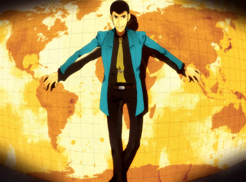 1boy arsene_lupin_iii black_hair faddawdle formal_clothes gradient_background green_jacket jacket lupin_iii male_focus map necktie sideburns solo square-end_necktie suit tms_entertainment yellow_necktie