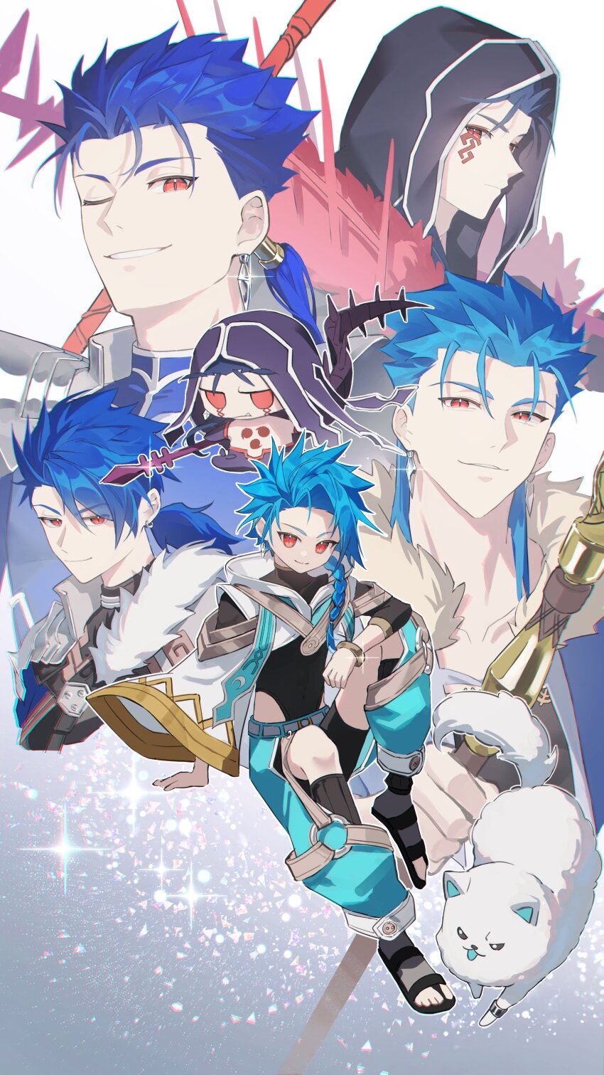 6+boys absurdres blue_hair braid braided_ponytail cu_chulainn_(caster)_(fate) cu_chulainn_(fate) cu_chulainn_(fate/prototype) cu_chulainn_(fate/stay_night) cu_chulainn_alter_(fate) dog earrings fate/grand_order fate_(series) fur_trim gae_bolg_(fate) hair_tubes highres holding holding_polearm holding_weapon hood hood_up jewelry long_hair looking_at_viewer male_focus mini_cu-chan_(fate) muling_0v0 multiple_boys one_eye_closed open_mouth polearm ponytail red_eyes setanta_(fate) single_braid single_hair_tube sitting smile weapon