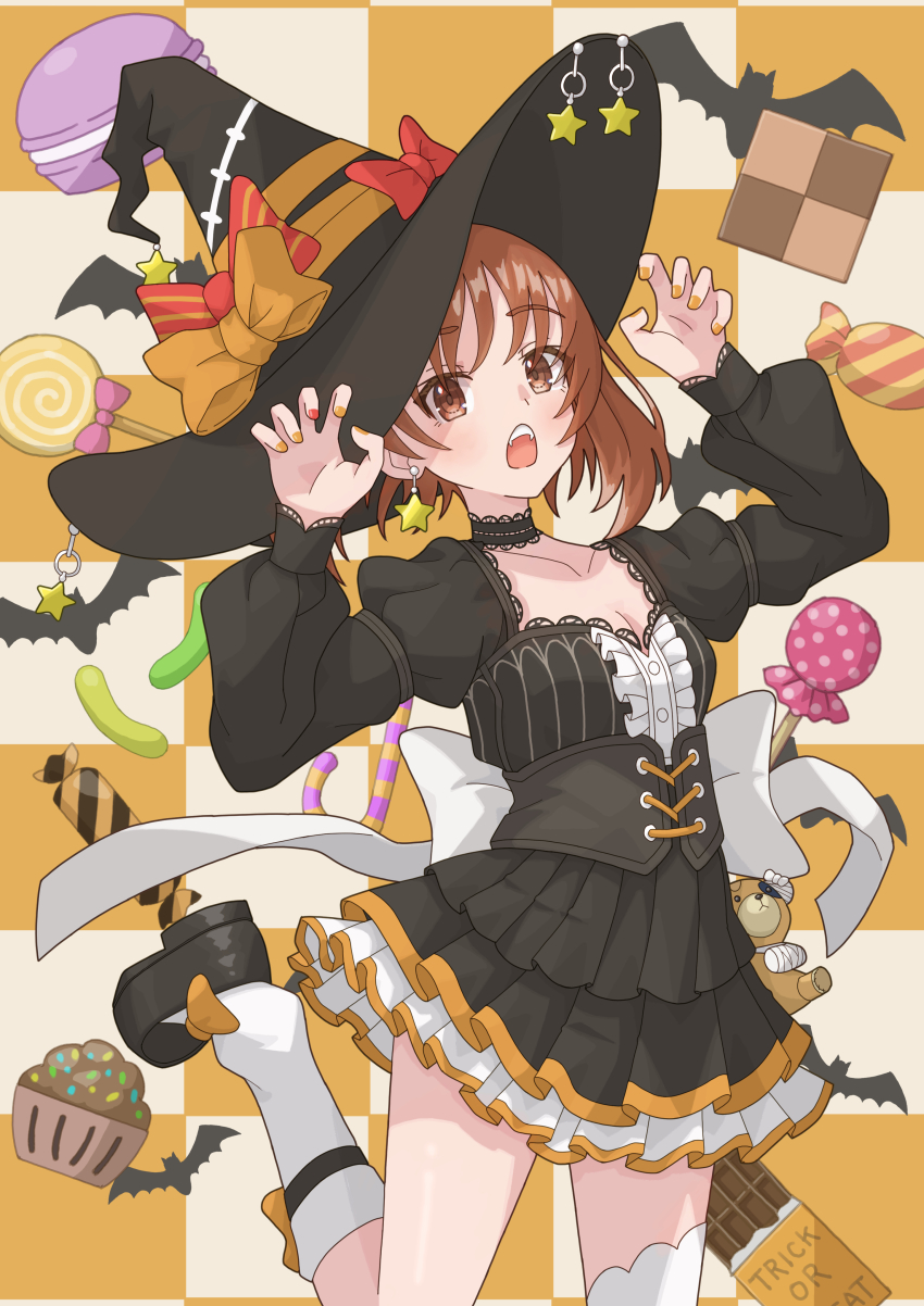 1girl absurdres bat_(animal) black_dress black_shoes boko_(girls_und_panzer) brown_eyes brown_hair candy chocolate chocolate_bar claw_pose dress food girls_und_panzer halloween halloween_costume hat highres looking_at_viewer nishizumi_miho open_mouth qgkmn541 shoes short_hair socks solo stuffed_animal stuffed_toy teddy_bear teeth upper_teeth_only white_socks witch witch_hat