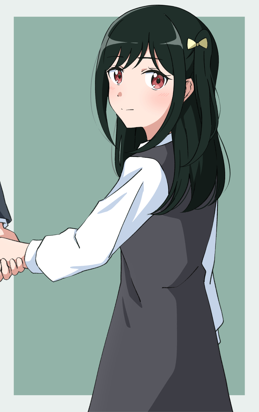 1girl absurdres aged_down blush border closed_mouth commentary cowboy_shot dress green_background green_hair grey_dress highres holding_hands light_frown long_hair long_sleeves looking_at_viewer love_live! love_live!_nijigasaki_high_school_idol_club mifune_shioriko one_side_up orange_eyes outside_border sidelocks simple_background solo_focus split_mouth uchuu_no_mozuku white_border white_sleeves