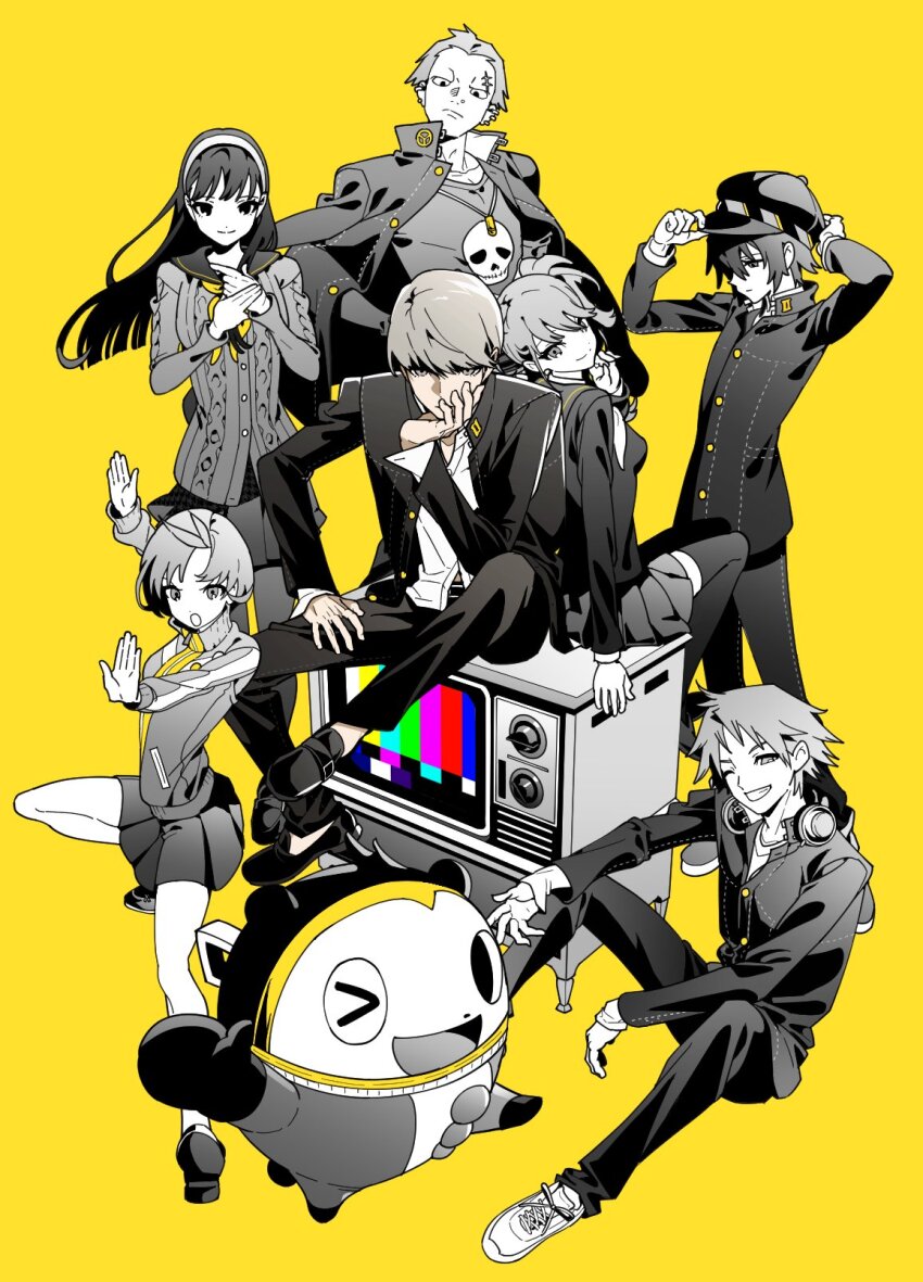 4boys 4girls :d :| amagi_yukiko animal_ears antenna_hair arm_up arms_on_knees badge bear_ears black_hair black_jacket black_pants black_shoes blunt_ends bodysuit boxing_gloves breasts bullet_necklace button_badge buttons cabbie_hat closed_mouth crt dial_television ear_piercing expressionless fighting_stance flat_chest floating_hair frown grey_eyes grey_hair grin group_picture hair_between_eyes hair_slicked_back hanamura_yousuke hand_on_hand hand_on_headwear hand_on_own_face hand_on_own_hat hand_on_own_leg hat headband headphones headphones_around_neck highres jacket jacket_on_shoulders knee_up knees_up kujikawa_rise kuma_(persona_4) long_hair long_sleeves looking_at_viewer looking_down miniskirt multiple_boys multiple_girls narukami_yu neckerchief one_eye_closed open_clothes open_jacket open_mouth oxnxgolfqt76300 pants pantyhose partially_colored persona persona_4 piercing popped_collar sailor_collar satonaka_chie scar scar_on_face scar_on_forehead school_uniform shirogane_naoto shirt shoes short_hair sidelocks simple_background sitting sitting_on_object skirt skull_print small_breasts smile sneakers standing standing_on_one_leg static sweater t-shirt tatsumi_kanji television thighhighs track_jacket turning_head twintails very_short_hair white_shirt yasogami_school_uniform yellow_background yellow_neckerchief yellow_theme zettai_ryouiki zipper