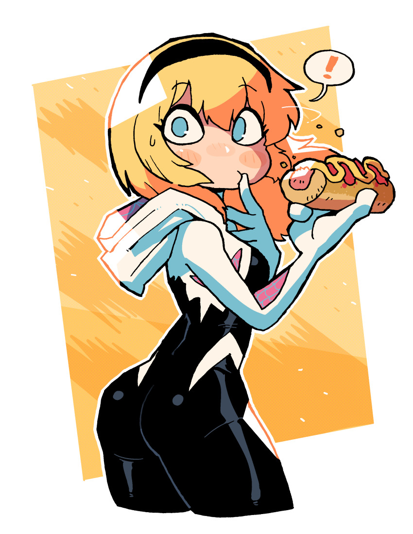 ! 1girl absurdres ass black_bodysuit black_hairband blonde_hair blue_eyes blush bodysuit breasts cropped_legs eating food from_behind hairband highres holding holding_food hood hooded_bodysuit hot_dog looking_at_viewer looking_back marvel medium_breasts medium_hair multicolored_bodysuit no_pupils print_bodysuit rariatto_(ganguri) simple_background skin_tight solo spider-gwen spider_web_print spoken_exclamation_mark superhero_costume two-tone_bodysuit white_background white_bodysuit