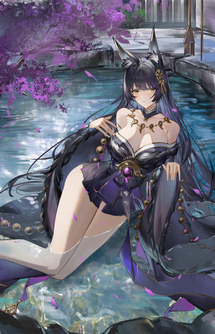 1girl absurdres animal_ear_fluff animal_ears azur_lane bare_shoulders beads black_hair black_kimono breasts cleavage facial_mark feet_out_of_frame flantia fox_ears fox_tail fur-trimmed_kimono fur_trim gem hair_ornament highres japanese_clothes jewelry kimono kitsune kyuubi large_breasts long_hair long_sleeves looking_to_the_side magatama magatama_necklace multiple_tails musashi_(azur_lane) necklace outdoors prayer_beads purple_gemstone skirt_under_kimono solo tail very_long_hair wading water whisker_markings wide_sleeves yellow_eyes
