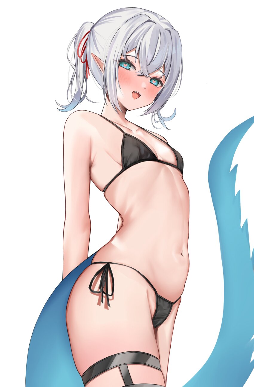 1girl absurdres aqua_eyes bikini black_bikini blue_hair blush breasts covered_erect_nipples crossed_bangs dragon_tail fangs gaou_musubi gradient_hair hair_between_eyes hair_ribbon heart heart-shaped_pupils highres light_blue_hair looking_at_viewer medium_hair mewlive micro_bikini multicolored_hair navel nemun_(tamizzz) nose_blush open_mouth pointy_ears ponytail red_ribbon ribbon side-tie_bikini_bottom simple_background skindentation small_breasts smile solo stomach string_bikini swimsuit symbol-shaped_pupils tail thigh_strap virtual_youtuber white_background white_hair