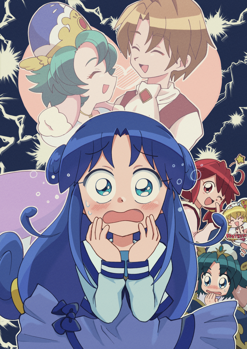 2boys 4girls ;d ^_^ absurdres ahoge altessa_(futagohime) animal_ears arched_crown ascot auraa_(futagohime) blonde_hair blue_background blue_capelet blue_dress blue_eyes blue_hair blue_jacket blush bright_(futagohime) capelet closed_eyes commentary curly_hair d: dog_ears dress english_text facing_another fine_(futagohime) flying_sweatdrops furrowed_brow fushigiboshi_no_futago_hime gold_necklace gown green_hair hands_on_own_face heart heart_background hetero highres hinoki_(91011) jacket jealous jewelry letterman_jacket lightning_background long_hair long_sleeves looking_at_viewer low-tied_long_hair low_twintails multiple_boys multiple_girls multiple_rings necklace nose_blush one_eye_closed open_clothes open_jacket open_mouth ornate_ring princess purple_dress raised_eyebrows red_eyes red_hair red_jacket red_vest rein_(futagohime) ring shirt short_dress smile sophie_(futagohime) speech_bubble star_(symbol) surprised sweatdrop thought_bubble thumbs_up tiara twintails upper_body vest waistcoat white_ascot white_shirt white_tiara wide-eyed