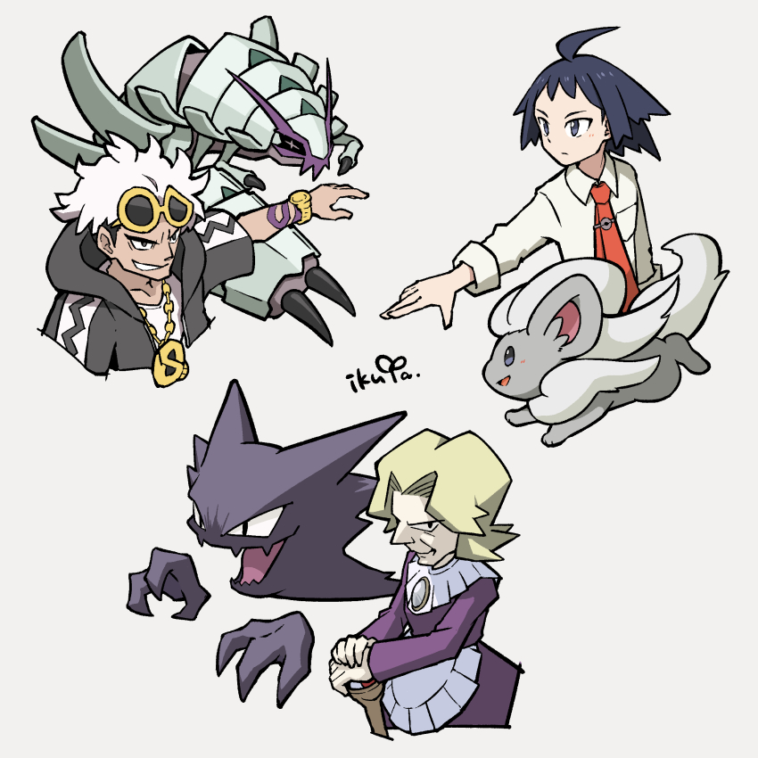 1girl 2boys agatha_(pokemon) ahoge arm_tattoo black_hair blonde_hair cheren_(pokemon) cinccino claws collared_shirt gen_1_pokemon gen_5_pokemon gen_7_pokemon golisopod guzma_(pokemon) haunter highres ikuya_(mzns198) multiple_boys necktie nintendo pokemon pokemon_(creature) pokemon_bw2 pokemon_frlg pokemon_sm rayman_limbs red_necktie shirt tattoo team_skull white_hair white_shirt