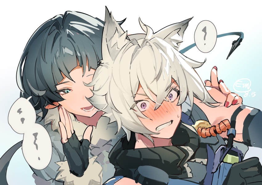 1boy 1girl absurdres animal_ears bare_shoulders behind_another black_gloves black_hair blush chinese_commentary clenched_teeth couple embarrassed fingernails fur-trimmed_jacket fur_trim gloves gradient_background green_eyes hair_between_eyes hand_on_another&#039;s_shoulder hands_up hetero highres jacket jane_doe_(zenless_zone_zero) jiankang_te_matuo_laide leaning_back leaning_forward leaning_on_person leaning_to_the_side looking_to_the_side lower_teeth_only muscular muscular_male nose_blush open_mouth purple_eyes red_nails seth_lowell short_hair sleeveless speech_bubble standing sweatdrop teeth uneven_bangs white_hair zenless_zone_zero