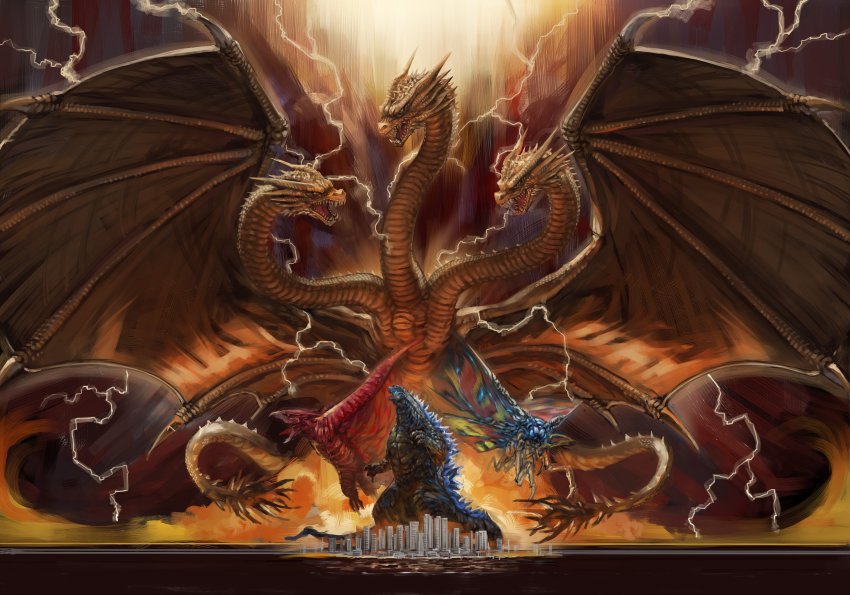 absurdres giant giant_monster godzilla godzilla:_king_of_the_monsters godzilla_(monsterverse) godzilla_(series) highres king_ghidorah king_ghidorah_(monsterverse) legendary_pictures lightning megame_(okbnkn) monsterverse mothra mothra_(monsterverse) no_humans rodan rodan_(monsterverse) spread_wings standing toho