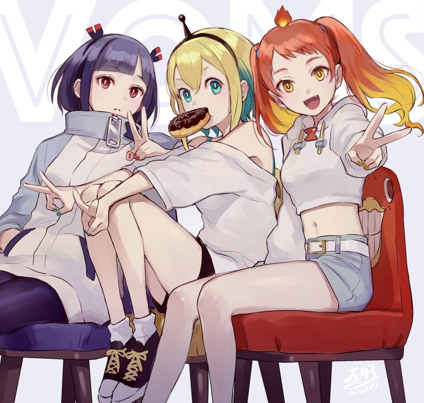 3girls :d amano_pikamee aqua_camisole belt black_footwear black_hairband blonde_hair blue_shorts blunt_bangs bra bra_strap bright_pupils camisole cherico closed_mouth copyright_name denim denim_shorts donut fangs food green_bra green_hair green_nails grey_hoodie grey_sweater gyari_(bird) hairband hand_in_pocket hands_up highres hikasa_tomoshika hood hood_down hoodie jitomi_monoe long_sleeves looking_at_viewer mouth_hold multicolored_hair multiple_girls nail_polish open_mouth pantyhose purple_hair purple_legwear red_eyes red_hair shoes short_hair short_shorts shorts sitting smile socks sweater twintails two-tone_hair underwear v virtual_youtuber voms white_belt white_legwear yellow_eyes