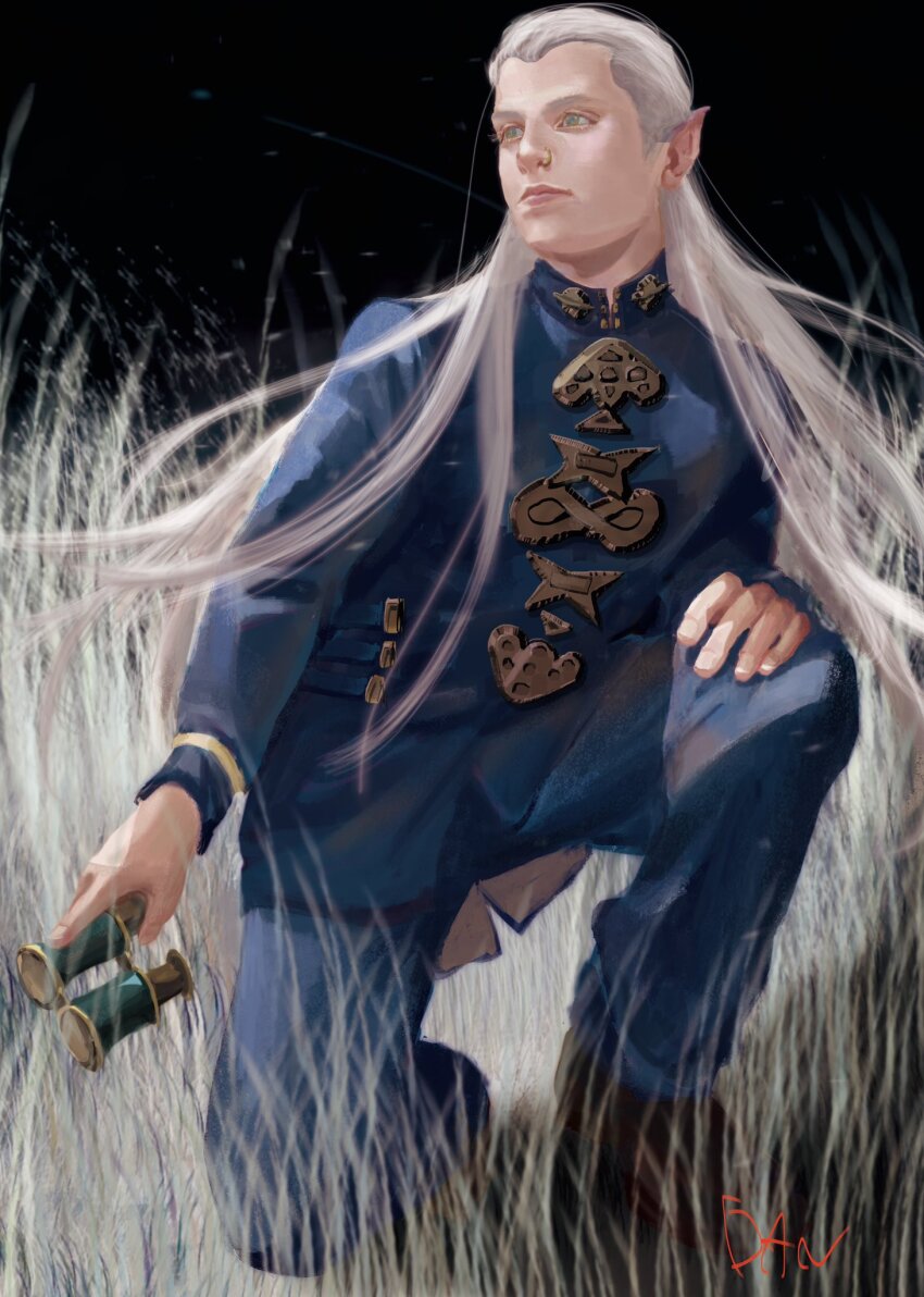 1boy artist_name blonde_hair closed_mouth commentary_request danart14020 diamond_wa_kudakenai earrings eyelashes gakuran green_eyes hair_slicked_back hazekura_mikitaka highres holding jewelry jojo_no_kimyou_na_bouken long_hair long_sleeves male_focus nose_piercing outdoors pants piercing pointy_ears realistic school_uniform solo very_long_hair