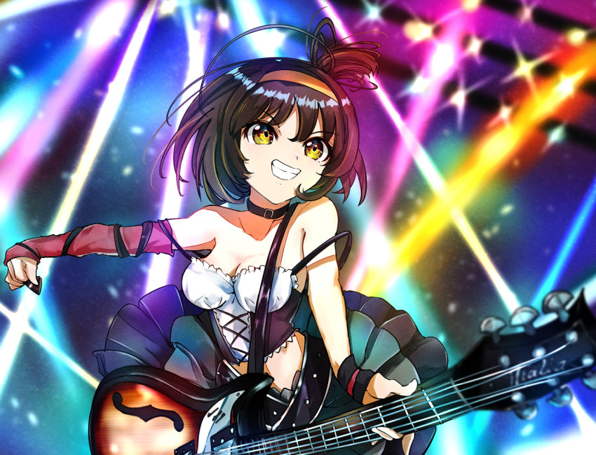 1girl alternate_costume arm_warmers black_choker bob_cut breasts brown_hair choker cleavage colored_lights concert corset electric_guitar frills guitar hairband holding holding_plectrum instrument italia_mondial medium_breasts music playing_instrument pleated_skirt plectrum sasai_tuki short_hair single_arm_warmer skirt sleeveless smile solo stage strobe_lights suzumiya_haruhi suzumiya_haruhi_no_yuuutsu teeth wristband yellow_eyes yellow_hairband