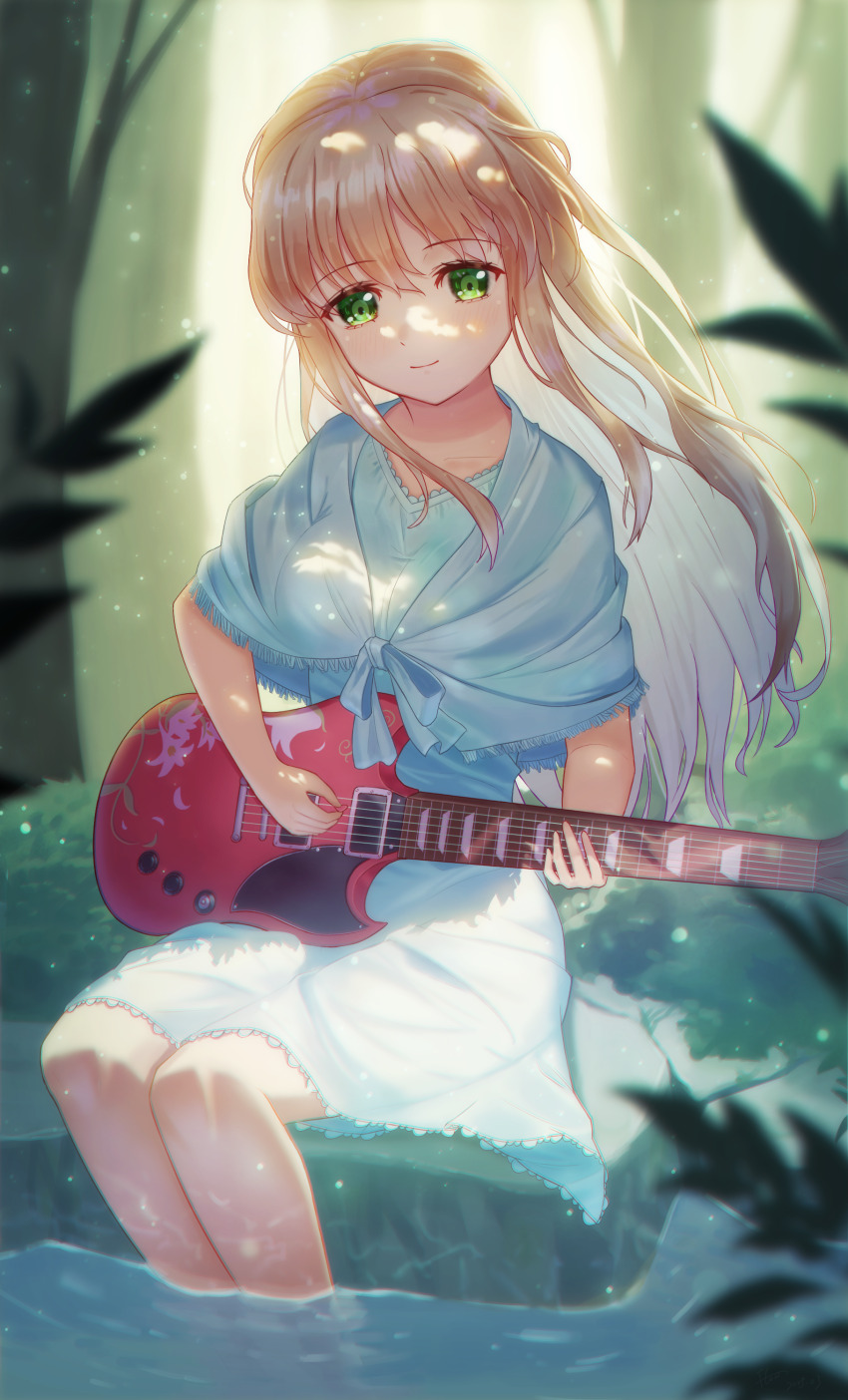 1girl absurdres backlighting blonde_hair blue_bow blue_dress blurry blush bow closed_mouth commentary dappled_sunlight day depth_of_field dress dress_bow eyelashes floating_hair flowingcrescent forest frilled_dress frills green_eyes guitar hair_between_eyes highres holding holding_guitar holding_instrument instrument kashiwara_sarina kira_kira long_hair looking_at_viewer nature outdoors playing_guitar playing_instrument river sidelocks sitting smile soaking_feet solo sunlight very_long_hair