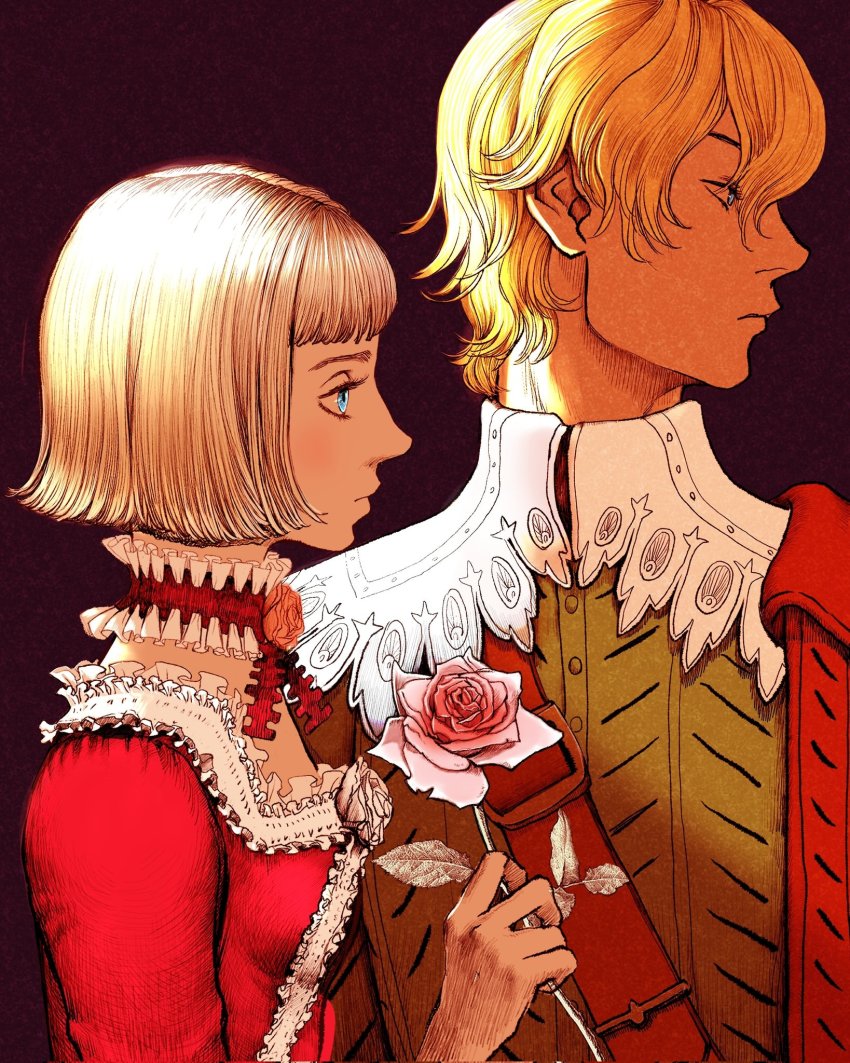 1boy 1girl berserk black_background blue_eyes bob_cut brother_and_sister closed_mouth commentary_request contemporary corrupted_twitter_file dress farnese_(berserk) flower formal_clothes highres holding holding_flower looking_to_the_side nisino2222 red_dress red_flower red_rose rose serpico_(berserk) siblings