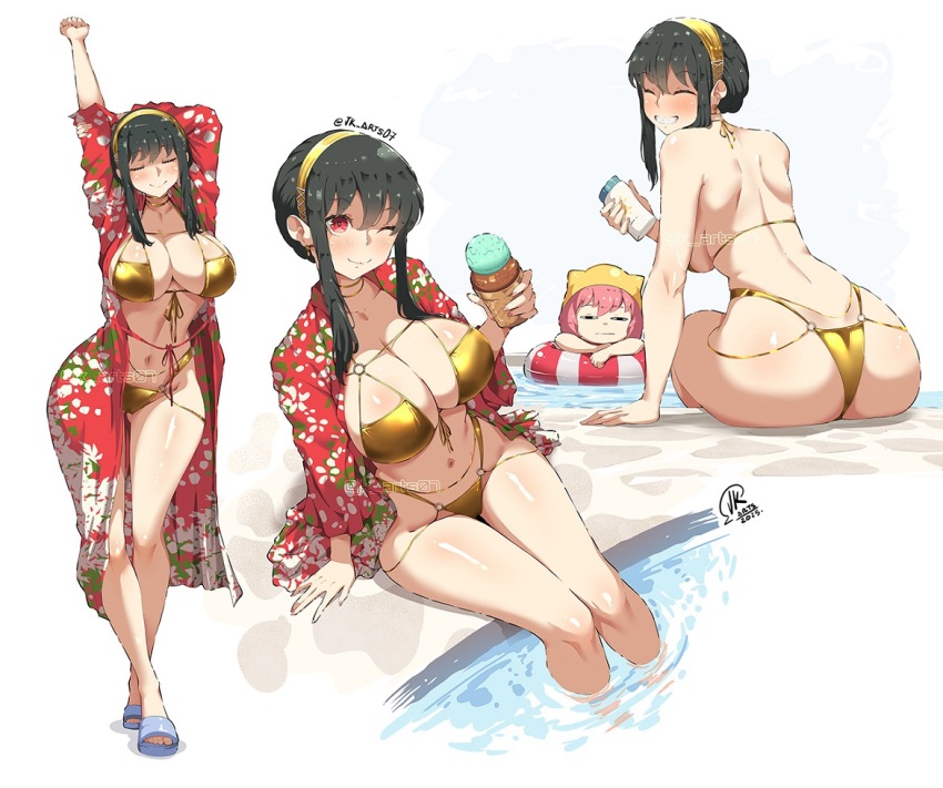 2025 2girls ;) anya_(spy_x_family) arm_behind_head arms_up bikini black_hair blush breasts cleavage closed_eyes collarbone commentary crossed_ankles earrings english_commentary eyepatch_bikini feet food front-tie_bikini_top front-tie_top gold_bikini gold_choker gold_hairband hair_between_eyes hairband highleg highleg_bikini holding holding_food holding_ice_cream ice_cream jewelry jk_arts large_breasts legs long_hair looking_at_viewer multiple_girls multiple_views navel o-ring o-ring_bikini one_eye_closed poolside print_robe red_eyes red_robe robe sandals sidelocks signature sitting smile soaking_feet spy_x_family stomach stretching swimsuit thighs toes toned toned_female twitter_username water yor_briar